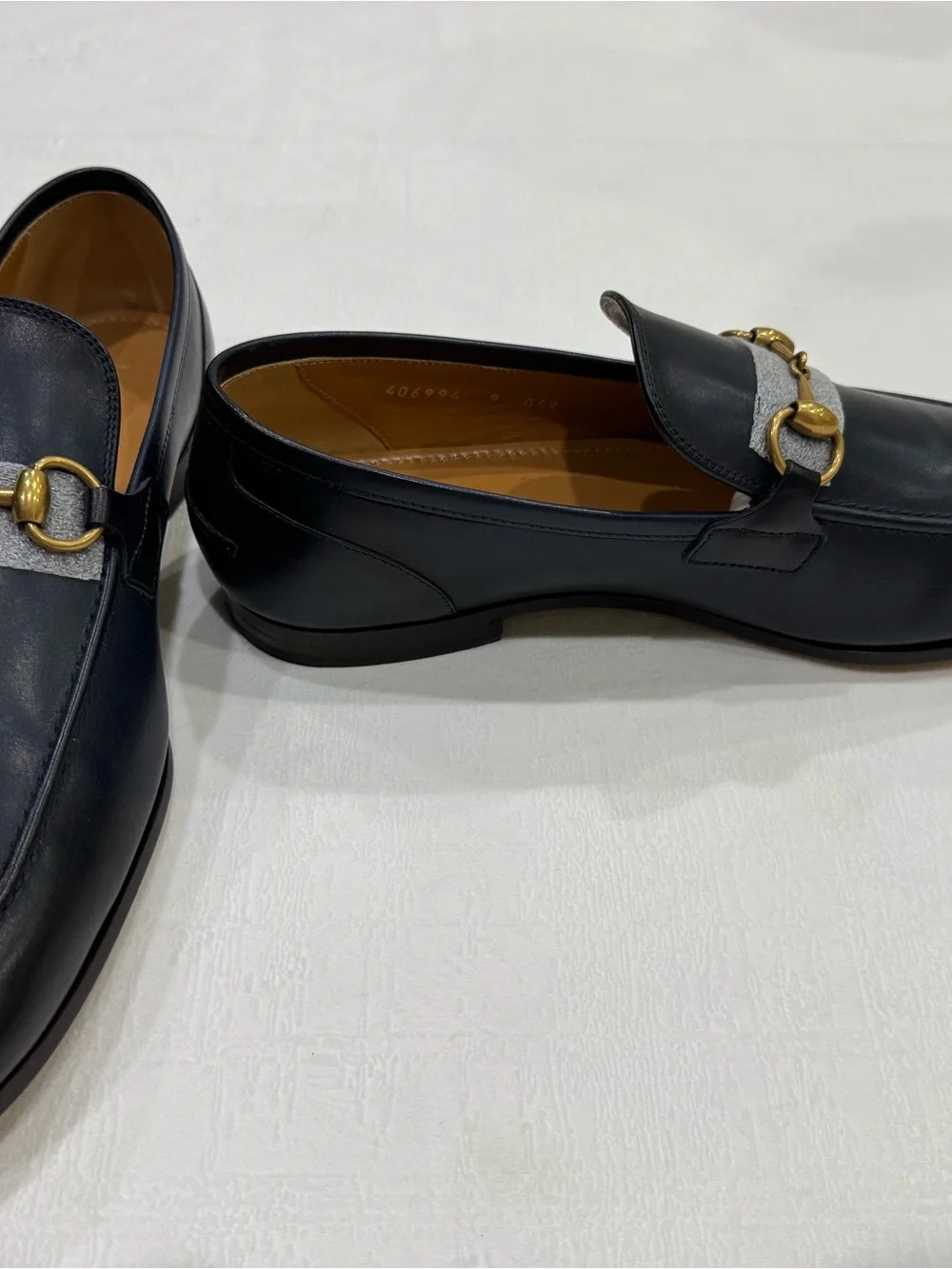 Brand New Men's Gucci Jordaan Navy Leather Bit Loafers (Gold Buckle)
